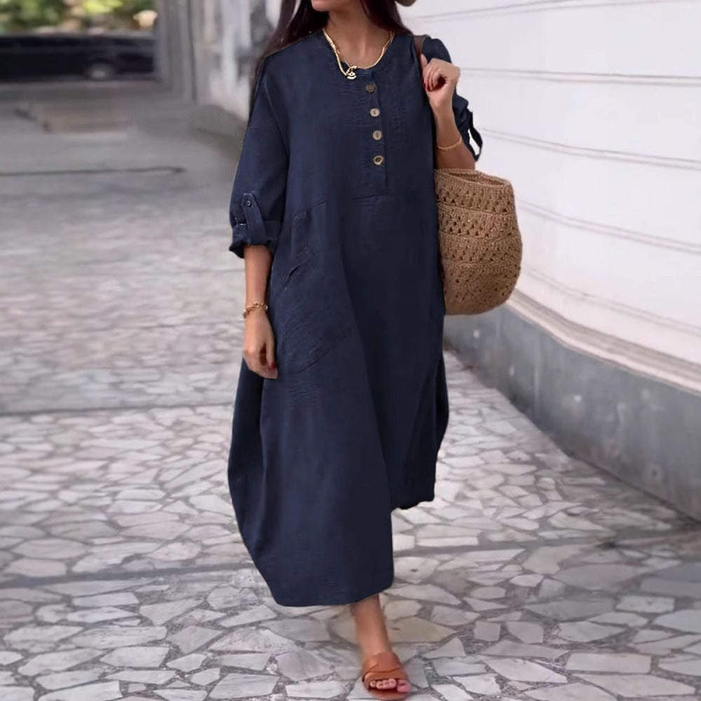 💃【40-120kg】Rochie de damă de vară, casual, de culoare uni, din bumbac și in, cu decolteu rotund