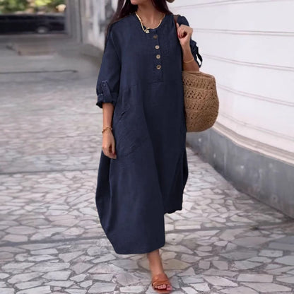 💃【40-120kg】Rochie de damă de vară, casual, de culoare uni, din bumbac și in, cu decolteu rotund