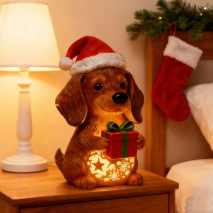 🎄🐶💡 Gran promoción navideña 50% OFF 🔥 Estatuas de perros con luces navideñas, adornos con gorro de Navidad, cajas de regalo iluminadas y regalos navideños de resina