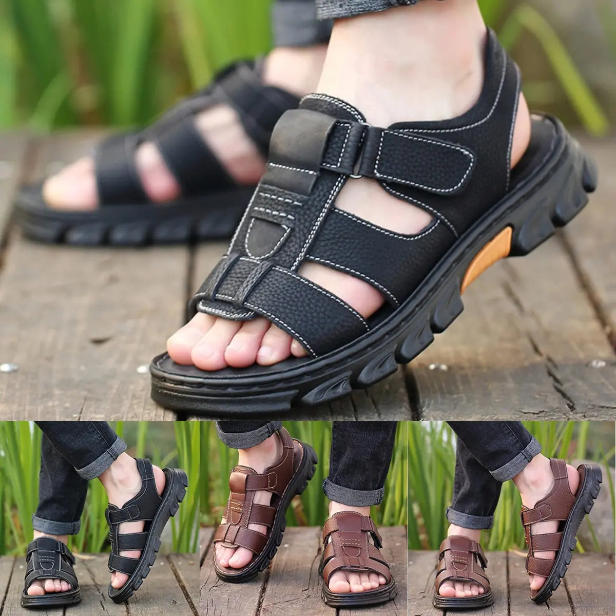 🔥👟 (50% OFF)【38~44】Sandale de plajă antiderapante din piele moale, lucrate manual, pentru bărbați