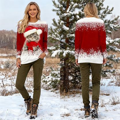  ✨🌸【S-8XL】 Świąteczna koszulka z długim rękawem i nadrukiem 3D z kotem
