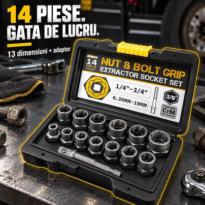 🛠️ O soluție profesională pentru șuruburi blocate! Set de extractoare pentru piulițe și șuruburi deteriorate (14 piese)! Oțel crom-molibden ultra-rezistent · Profil antiderapant · Include geantă de transport!
