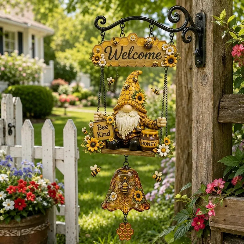 🎅Clopoțel de Bun Venit cu Pitic de Grădină, Plăcuță „Welcome”, Clopoțel Retro din Bronz, Suport de Perete din Fier, Decorațiune Curte și Terasă