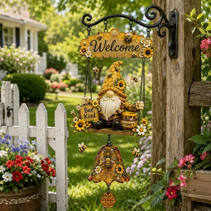 🎅Clopoțel de Bun Venit cu Pitic de Grădină, Plăcuță „Welcome”, Clopoțel Retro din Bronz, Suport de Perete din Fier, Decorațiune Curte și Terasă