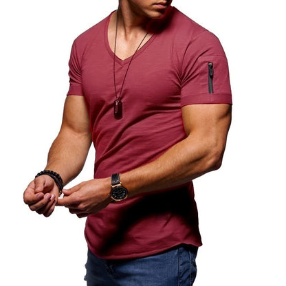 💪👔Tricou bărbătesc cu mânecă scurtă, în culoare uni, mulat și decolteu în V
