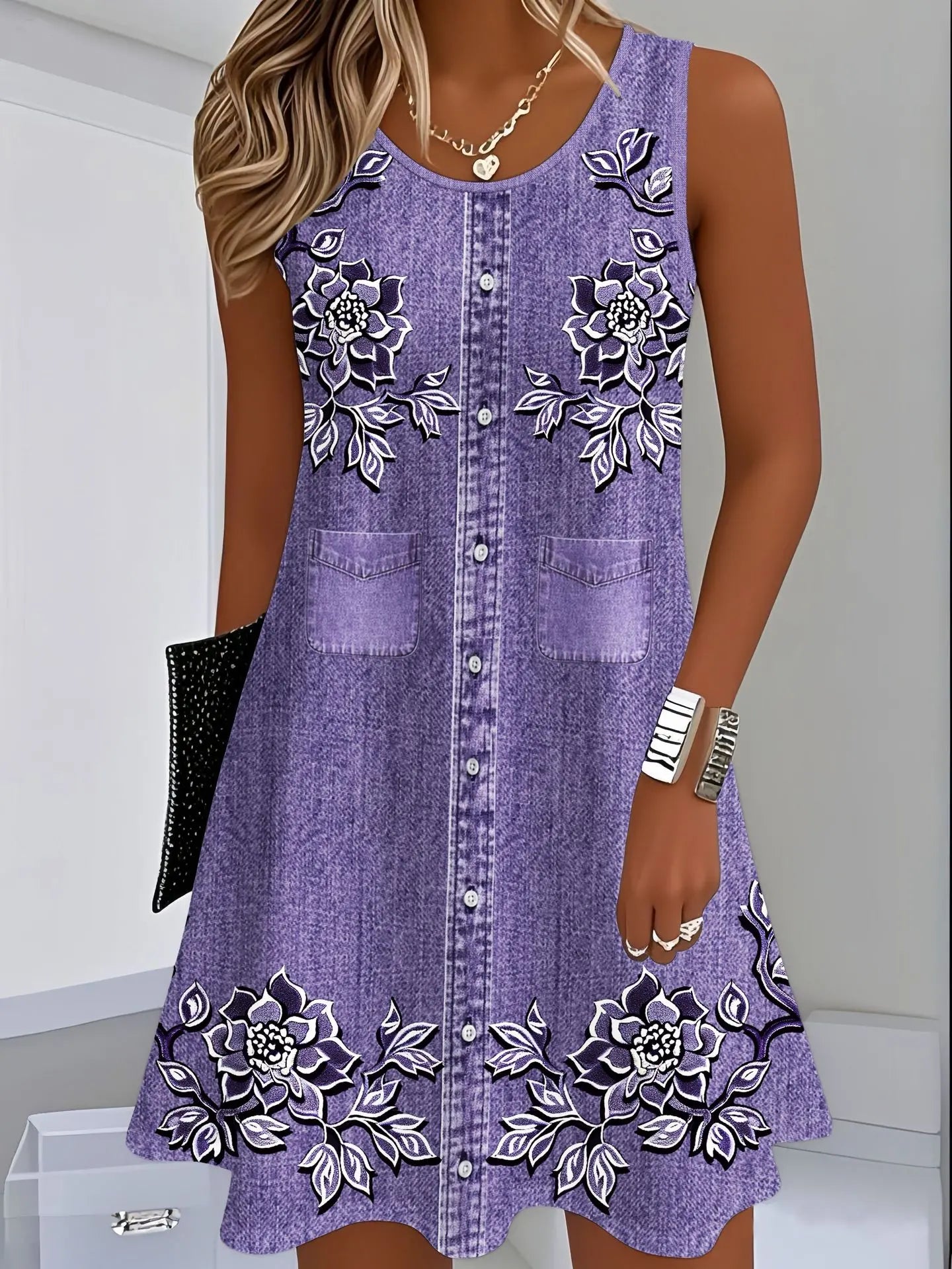👗【S-8XL】Rochie de vară confortabilă, cu decolteu rotund și imprimeu, mulată și ușor de stilizat.