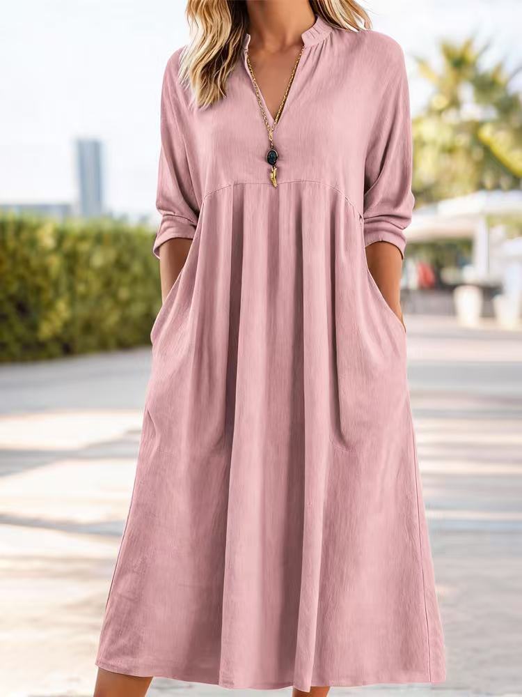 💃50% reducere🔥【40-100kg】Rochie retro nouă la modă, cu decolteu în V, confecționată din bumbac și in