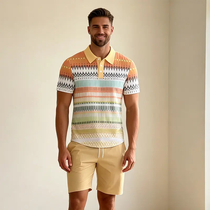 ✨Colecția Vară 2026✨ Set Tricou Polo și Pantaloni scurți pentru bărbați 🏝️ Imprimeu digital 3D modern!