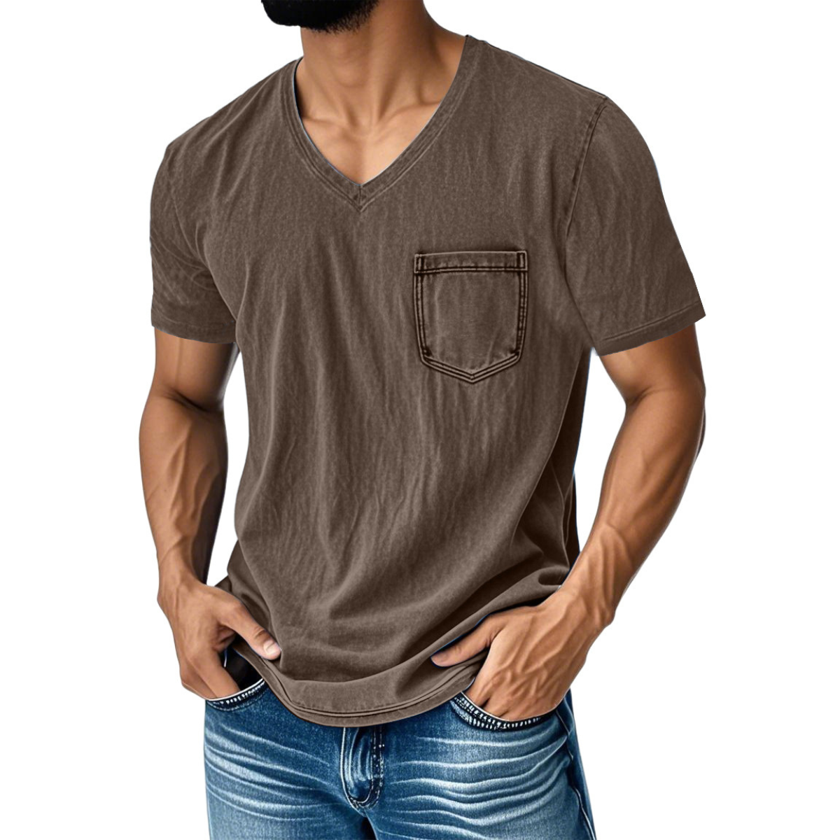 👔 50% reducere🔥【40-120 kg】Tricou bărbătesc din denim, casual, lejer, cu decolteu în V și mânecă scurtă ✅️Ramburs la livrare