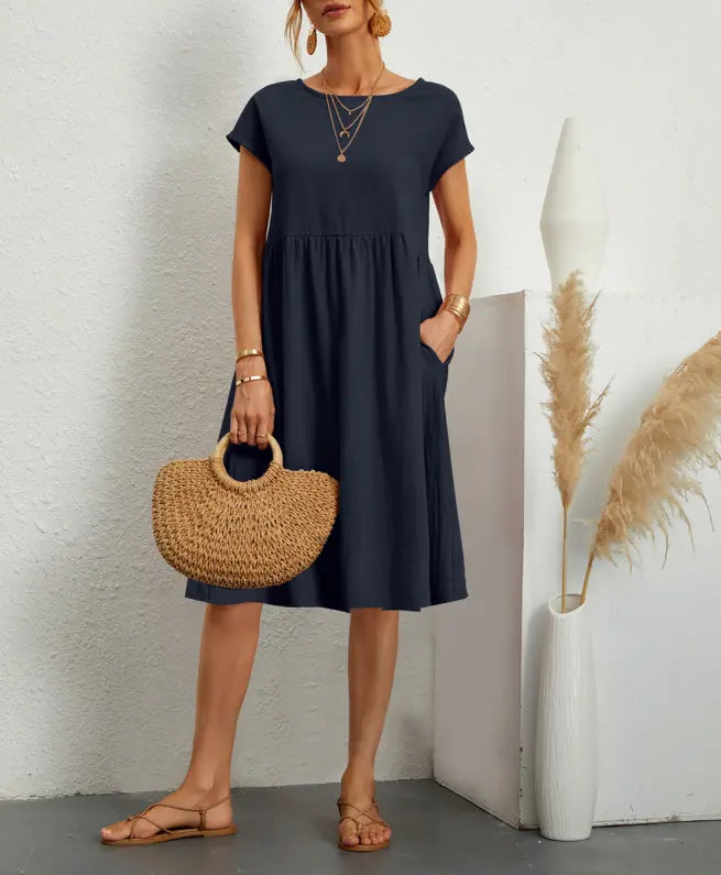 💃【S-5XL】Rochie de vară pentru femei, mărimi mari, stil casual office, croială în linie A, cu decolteu rotund