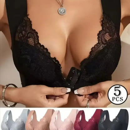💖【Set de 5 bucăți】【40–100 kg】😍Sutien cu efect de susținere, spate delicat din dantelă, design potrivit pentru mărimi mari, închidere frontală