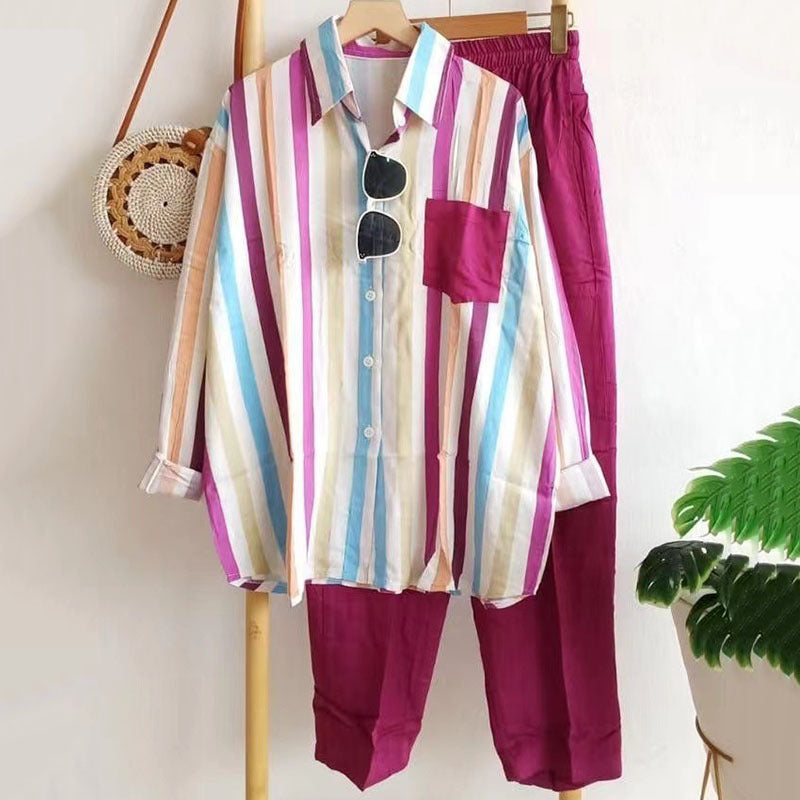 🌸 Set casual elegant cu cămașă în dungi și design modern