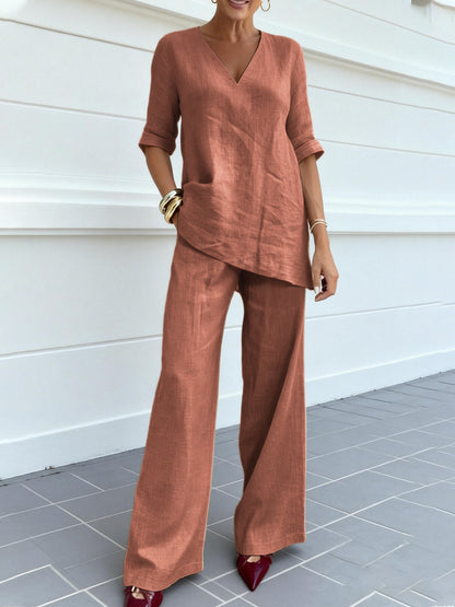 ❤️50% Reducere💥【40-100 kg】Set 2026: Top uni din bumbac și in, mânecă scurtă și decolteu în V + pantaloni casual drepți ✅️Ramburs la livrare