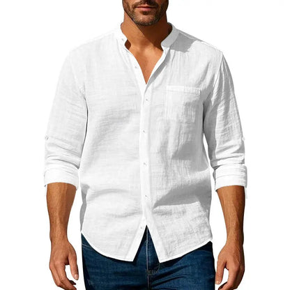 👔🔥 Camisa informal de lino para hombre, manga larga, cuello alto, tejido transpirable.