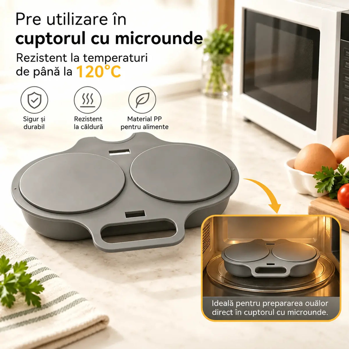 🎁 2 bucăți doar 129 lei 💥 Vas pentru gătit ouă la microunde: design cu două compartimente, antiaderent și ușor de curățat 🏠