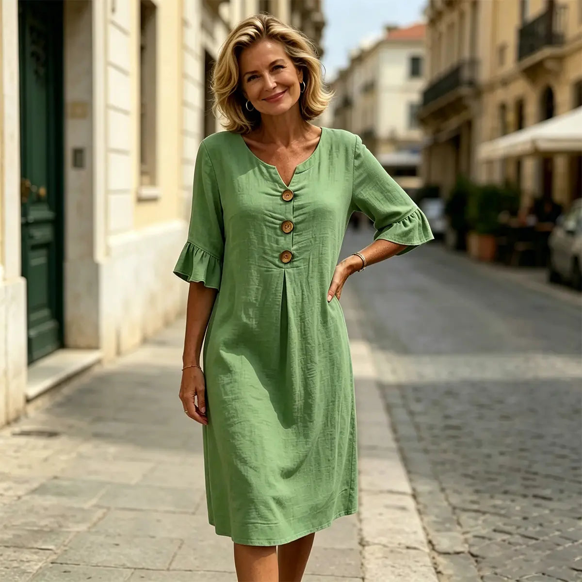 🎁【S-5XL】Rochie de damă din bumbac și in, cu mâneci bufante și nasturi