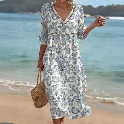 ✨Rochie lungă din bumbac și in cu imprimeu floral, stil estival, decolteu în V, talie definită.