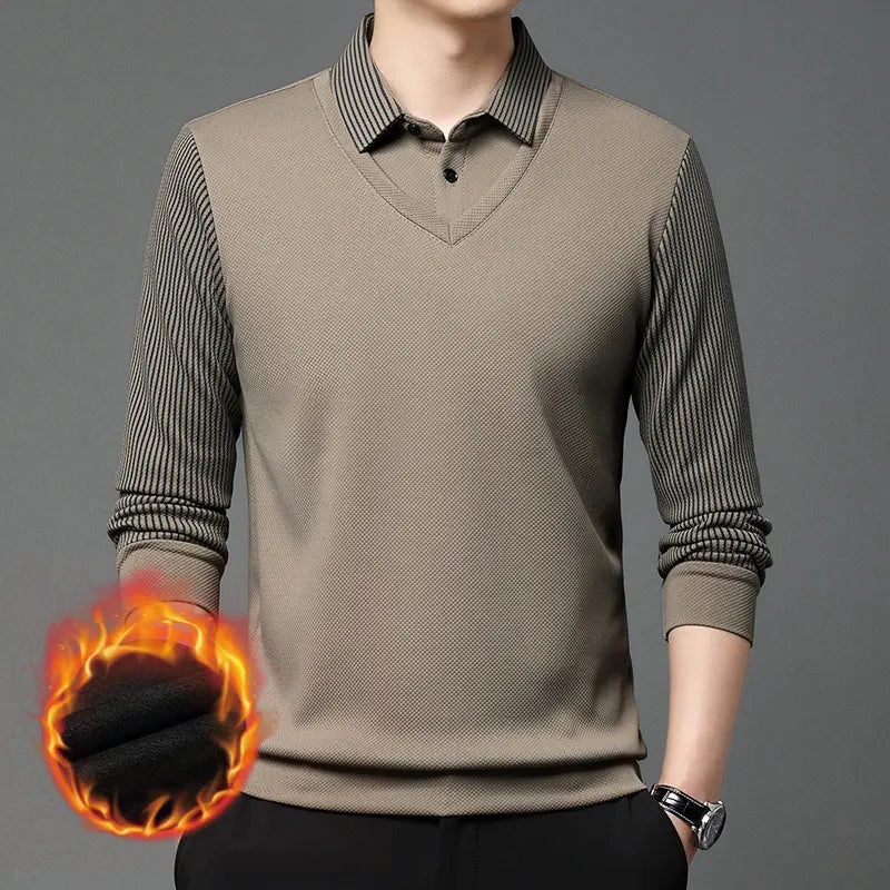 【M-4XL】Tricou polo din două piese, cu un model în dungi de tip „faux-patchwork”