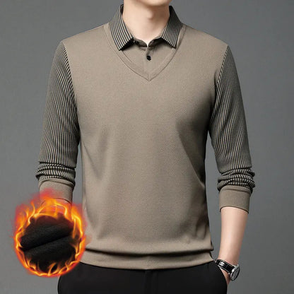【M-4XL】Tricou polo din două piese, cu un model în dungi de tip „faux-patchwork”