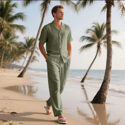 🌴【Bluză + Pantaloni】(40-120 kg) Set bărbătesc din două piese, bumbac și in uni