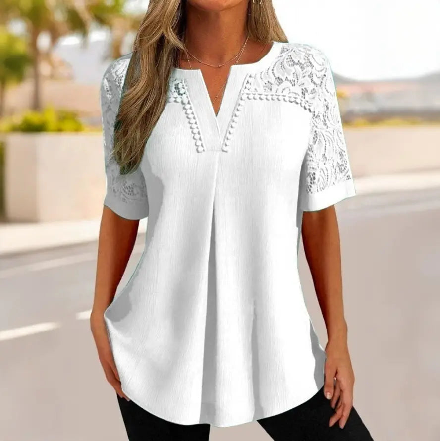 🌸✨ [40-120kg] Tricou nou cu mânecă scurtă, cu dantelă și decolteu în V 👚💖