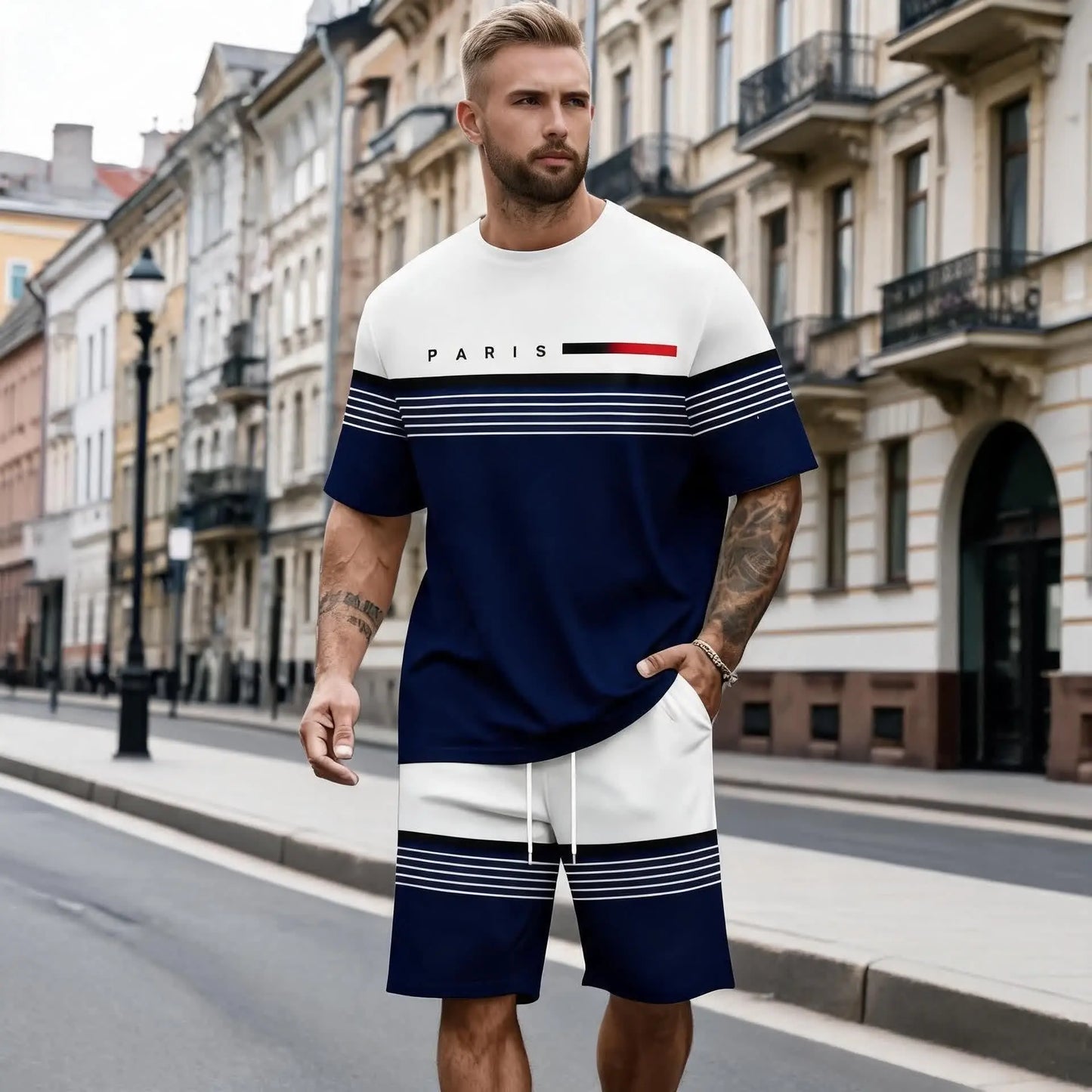 😍【S-6XL】(Bluză + Pantaloni) Set bărbătesc casual și confortabil, format din cămașă cu mânecă scurtă și pantaloni scurți cu imprimeu cu litere.