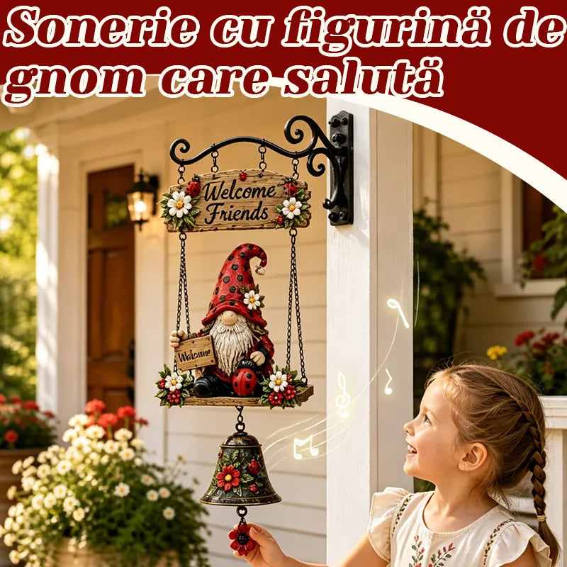 🎅Clopoțel de Bun Venit cu Pitic de Grădină, Plăcuță „Welcome”, Clopoțel Retro din Bronz, Suport de Perete din Fier, Decorațiune Curte și Terasă