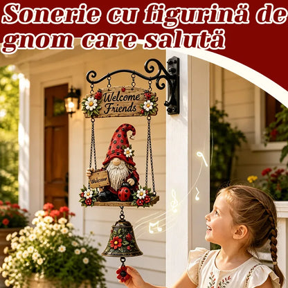 🎅Clopoțel de Bun Venit cu Pitic de Grădină, Plăcuță „Welcome”, Clopoțel Retro din Bronz, Suport de Perete din Fier, Decorațiune Curte și Terasă