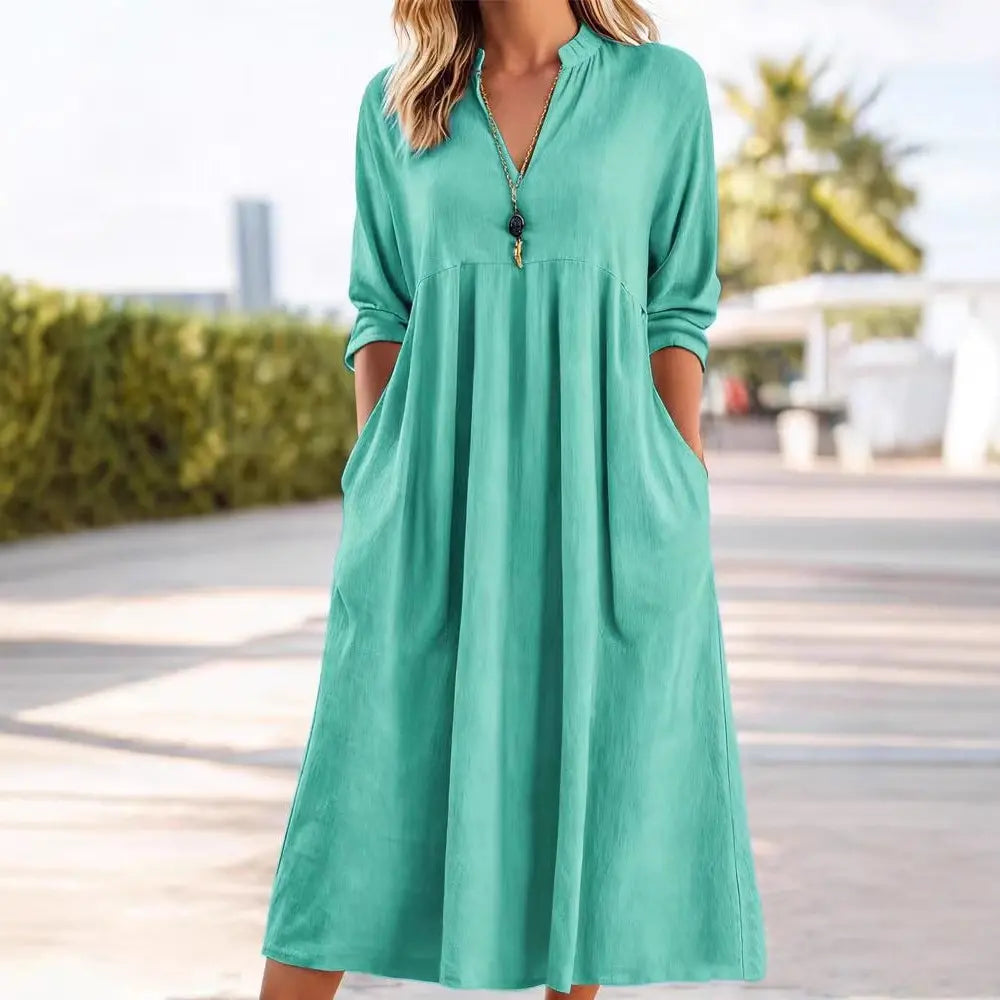 💃50% reducere🔥【40-100kg】Rochie retro nouă la modă, cu decolteu în V, confecționată din bumbac și in