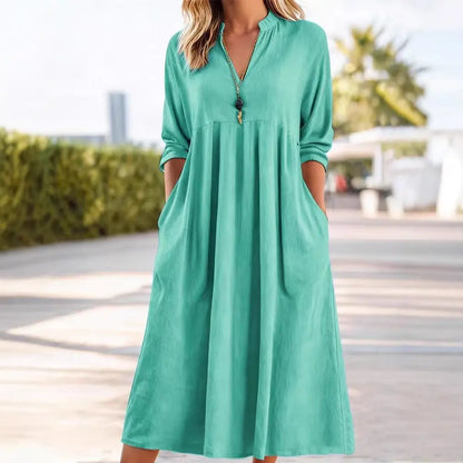 💃50% reducere🔥【40-100kg】Rochie retro nouă la modă, cu decolteu în V, confecționată din bumbac și in