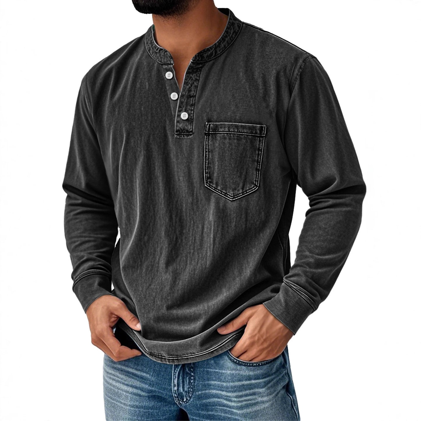 👔🔥Cămașă bărbătească din denim cu mâneci lungi și decolteu în V, cu buzunar