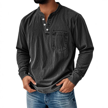 👔🔥Cămașă bărbătească din denim cu mâneci lungi și decolteu în V, cu buzunar