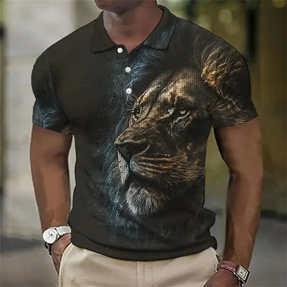 🦁【S-6XL】Tricou polo nou pentru bărbați, cu imprimeu leu 3D, pentru vara anului 2026.