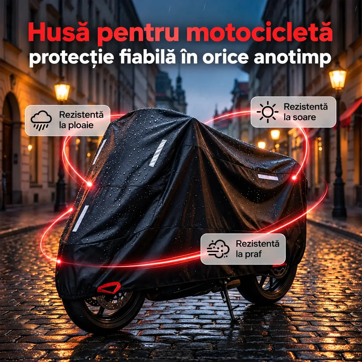 🏍️ Astăzi, reducere de 50%! Husă universală pentru motocicletă | Impermeabilă, rezistentă și cu protecție UV | Potrivită pentru majoritatea motocicletelor | Orificii de securizare și cusături întărite | Ideală pentru exterior 🌧️☀️