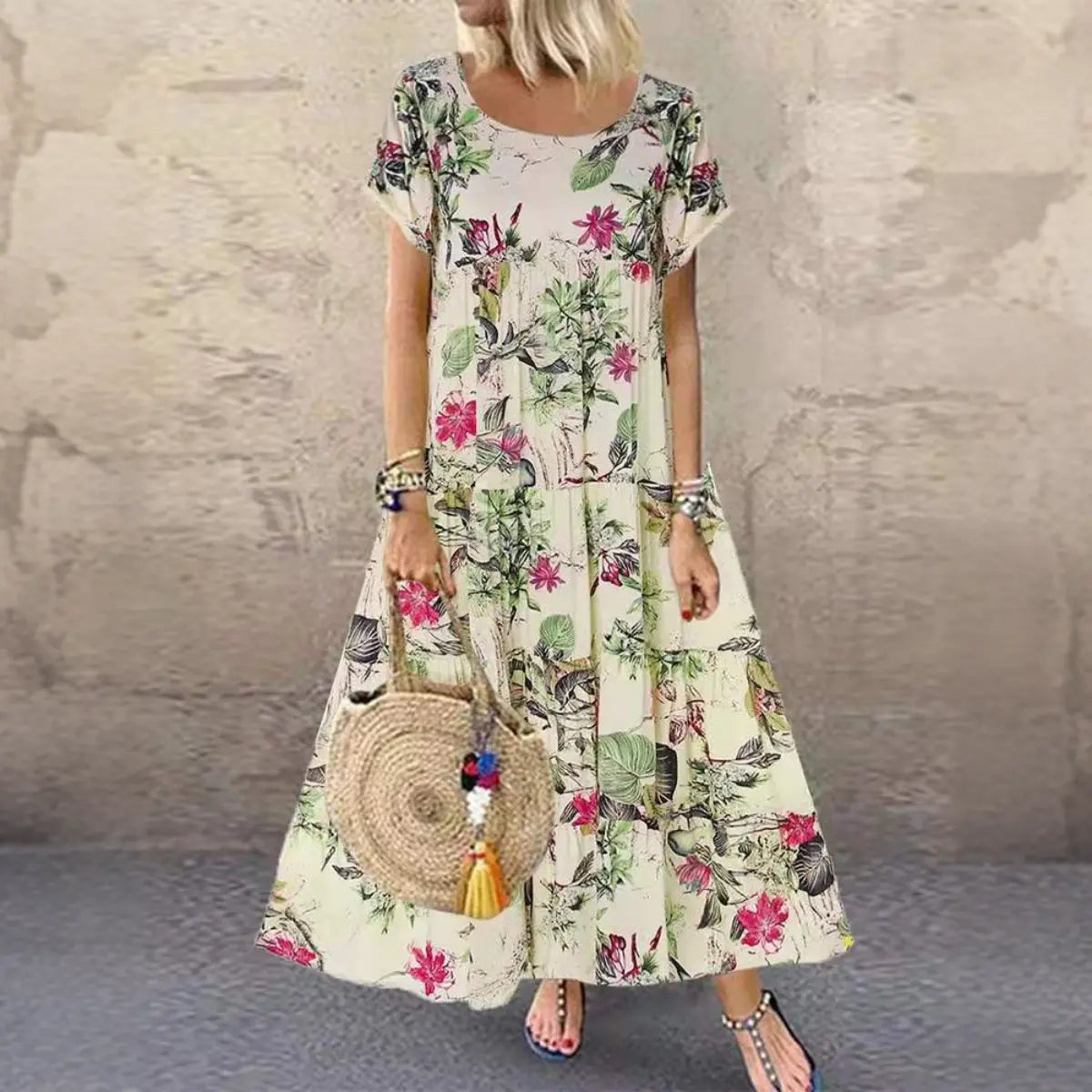 🌼【40-120 kg】Rochie retro pentru femei cu motiv floral, mâneci scurte și decolteu rotund, mărime mare