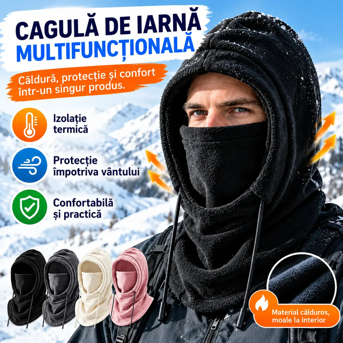 ❄️ Cagulă termică cu acoperire completă și căptușeală din fleece, concepută pentru protecție împotriva frigului chiar și la temperaturi de până la -20°C. ⛷️ Ideală pentru schi, motociclism și activități în aer liber