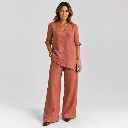 ❤️50% Reducere💥【40-100 kg】Set 2026: Top uni din bumbac și in, mânecă scurtă și decolteu în V + pantaloni casual drepți