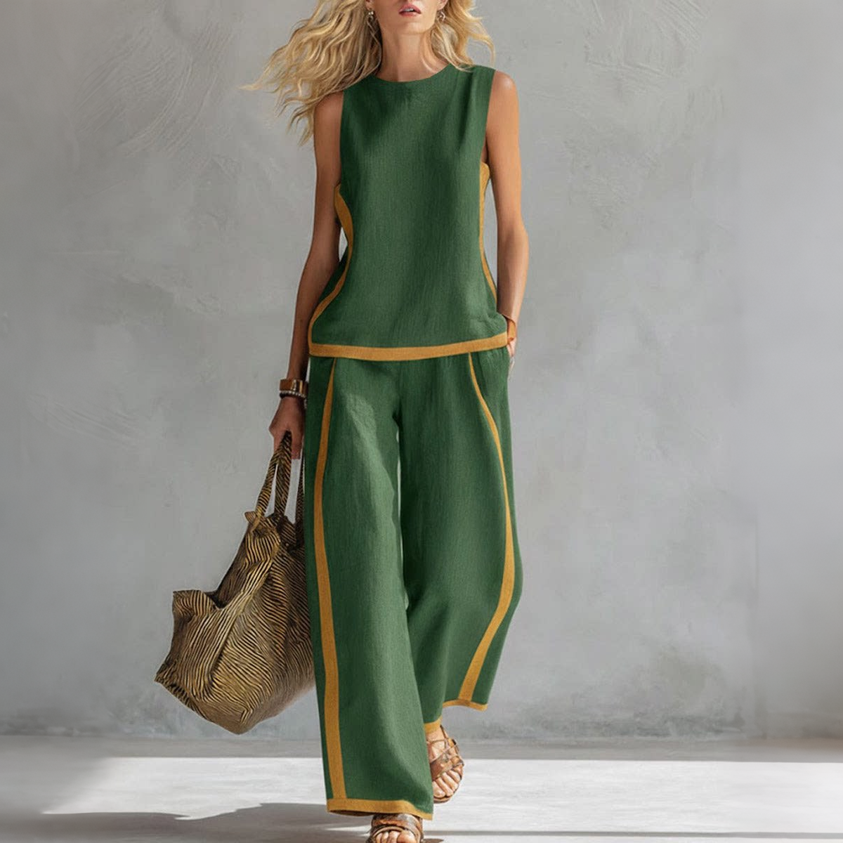 🔥😍【Top + Pantaloni】Set nou și modern din două piese pentru femei: top fără mâneci cu detalii contrastante și pantaloni cu croi larg
