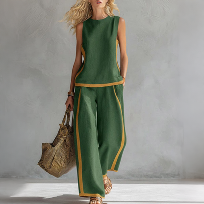 🔥😍【Top + Pantaloni】Set nou și modern din două piese pentru femei: top fără mâneci cu detalii contrastante și pantaloni cu croi larg