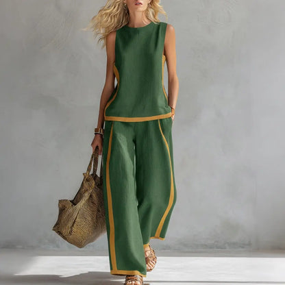 🔥😍【Top + Pantaloni】Set nou și modern din două piese pentru femei: top fără mâneci cu detalii contrastante și pantaloni cu croi larg