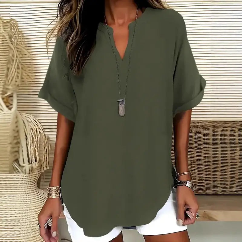 🔥😍Tricou nou și modern pentru femei, cu mânecă scurtă și imprimeu în formă de V【40-120kg】