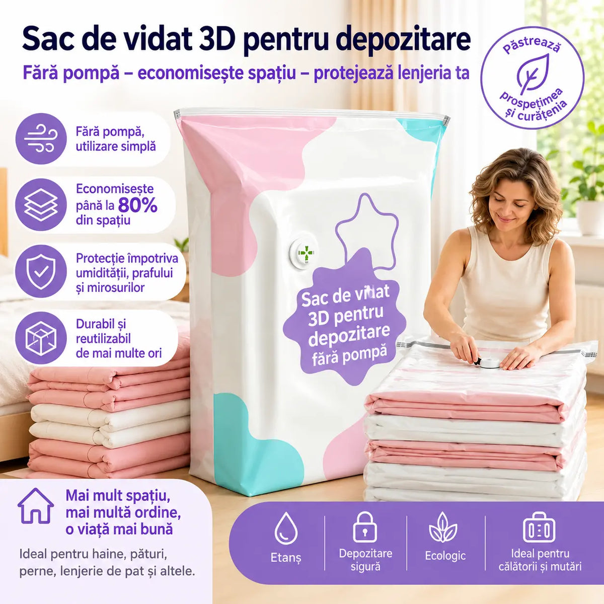 🧳【Set de 5 bucăți – 169 lei】💨 Sac mare de depozitare în vid: nu necesită pompă, etanș și ideal pentru economisirea spațiului în valiză și acasă ✈️
