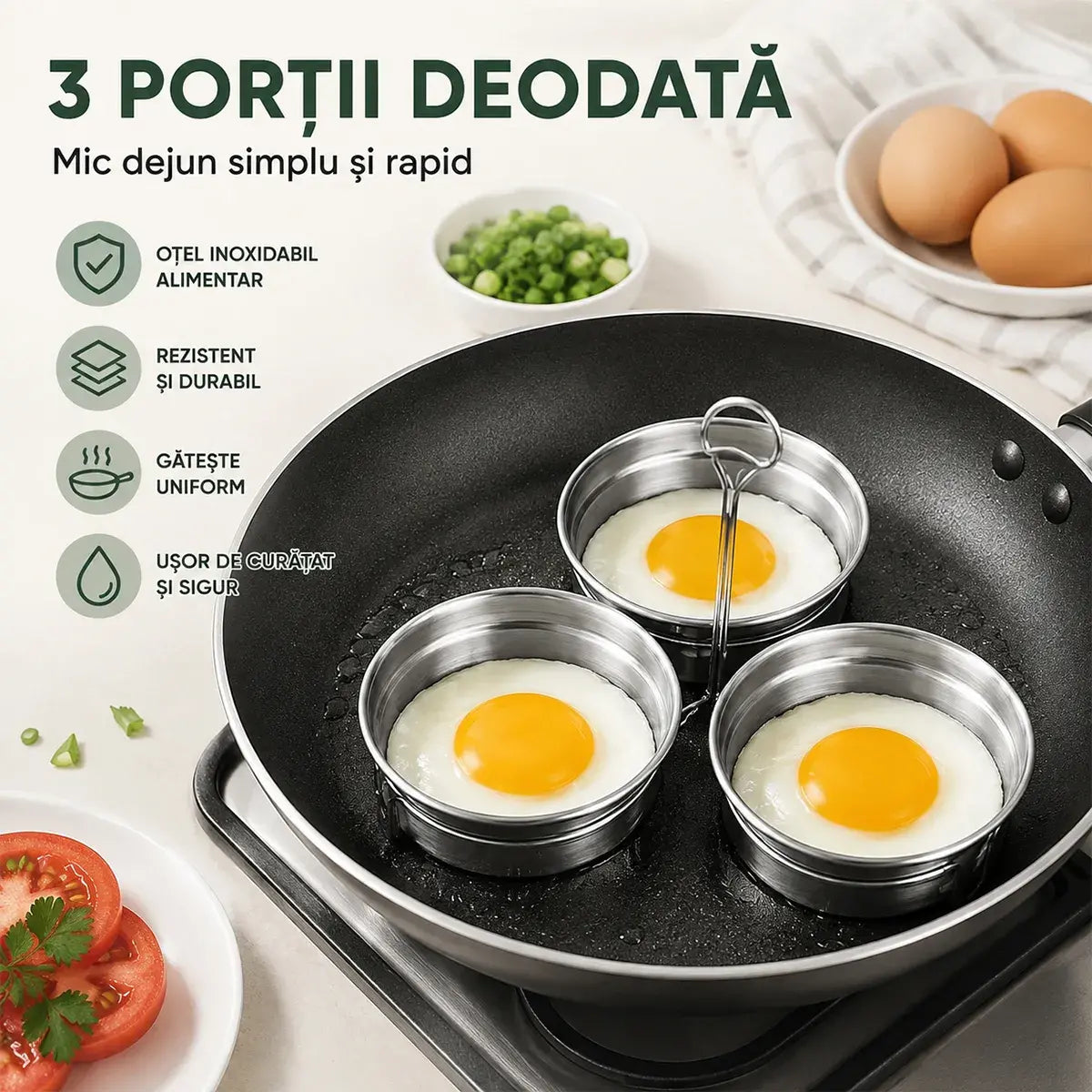 Formă din Oțel Inoxidabil pentru Ouă Ochiuri și Poșate – Set 3 Cavități cu Formă de Inimă / Cerc, Ideală pentru Micul Dejun, Budinci și Tarte 🍳🍳🍳