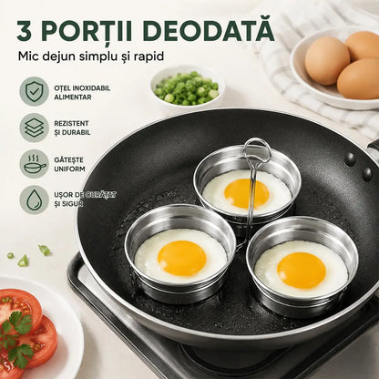 Formă din Oțel Inoxidabil pentru Ouă Ochiuri și Poșate – Set 3 Cavități cu Formă de Inimă / Cerc, Ideală pentru Micul Dejun, Budinci și Tarte 🍳🍳🍳