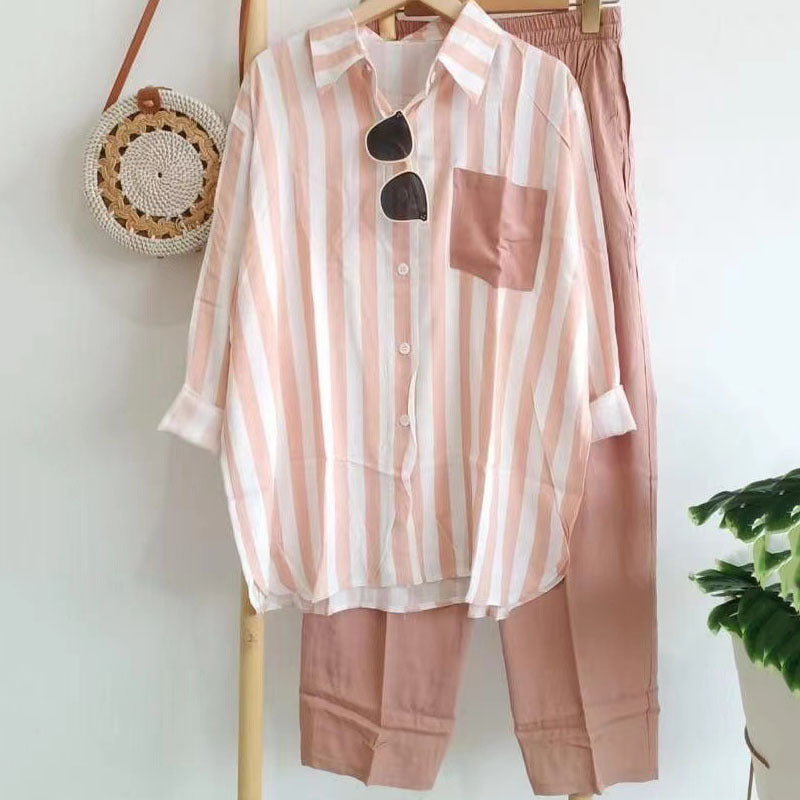 🌸 Set casual elegant cu cămașă în dungi și design modern