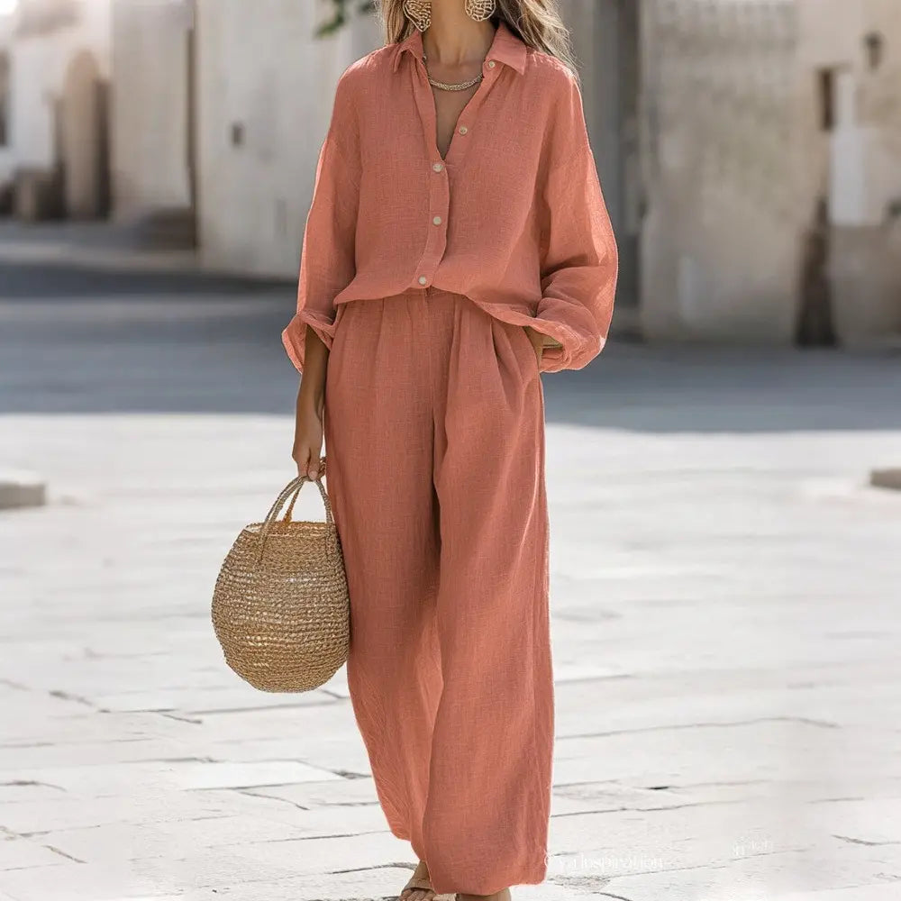 ✨【Bluză + Pantaloni】Set de zi cu zi pentru femei, cu mânecă lungă, din bumbac și in, și pantaloni