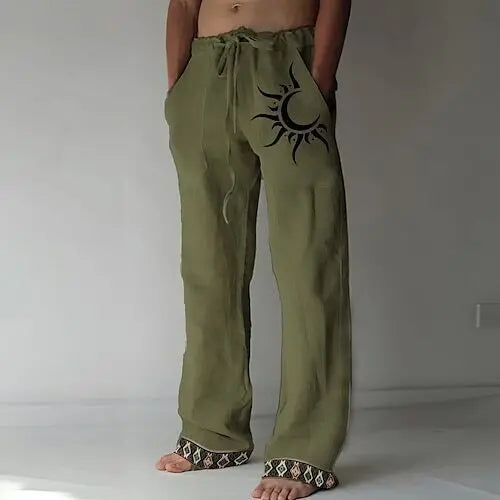 Pantaloni bărbătești mărimi mari din bumbac și in, cu imprimeu cu lună🌙