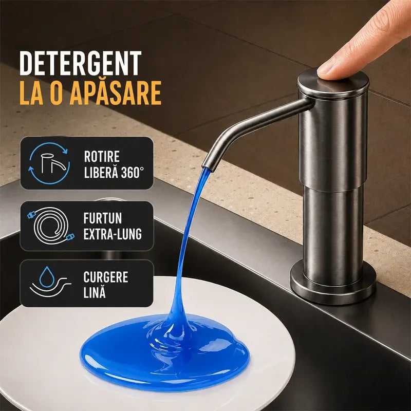 Dispenser Încorporabil de Săpun și Detergent pentru Chiuvetă Bucătărie, Din Oțel Inoxidabil Premium, Cu Tub Extensibil Direct în Sticlă și Bilă de Gravitație 304, Pompare Rapidă