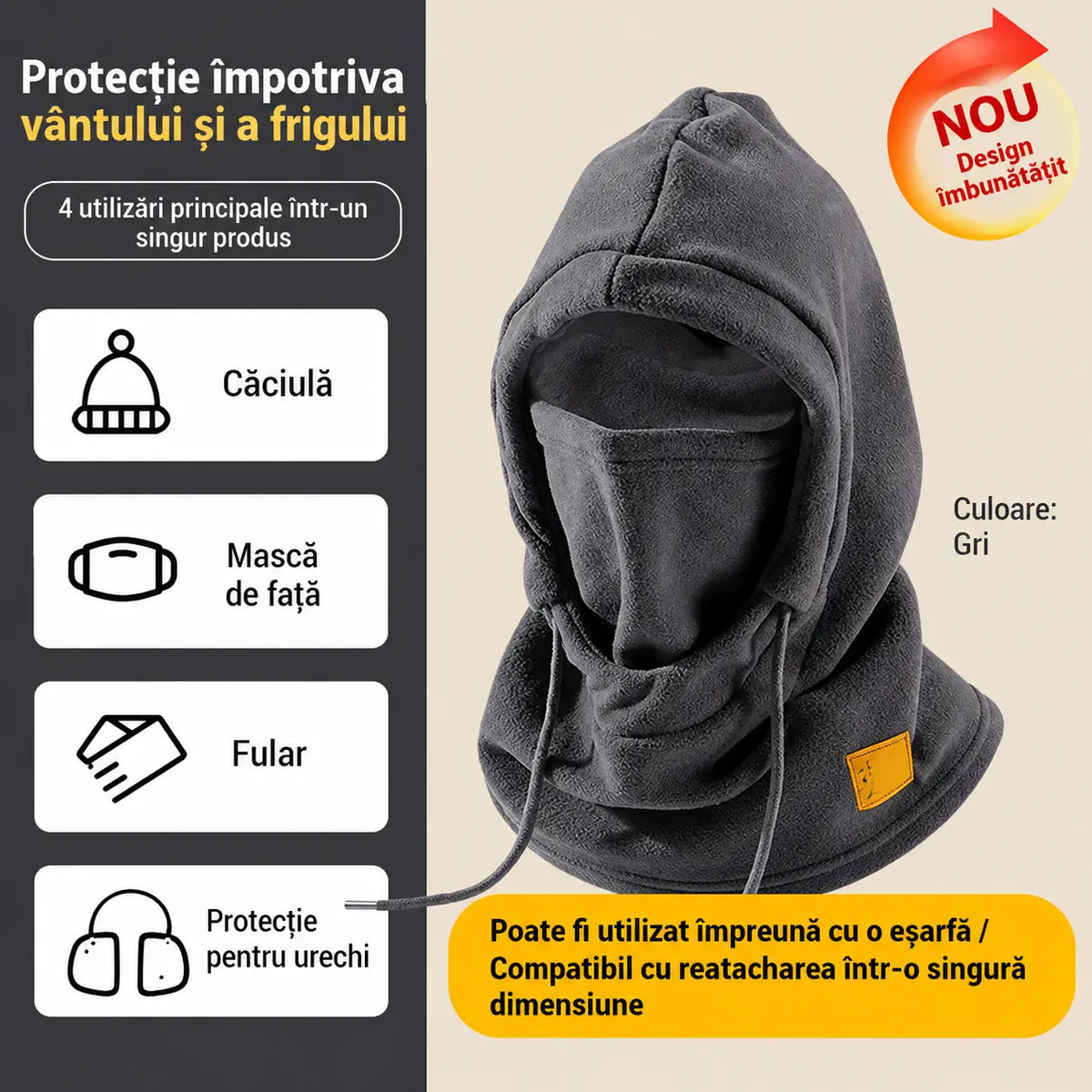 ❄️ Cagulă termică cu acoperire completă și căptușeală din fleece, concepută pentru protecție împotriva frigului chiar și la temperaturi de până la -20°C. ⛷️ Ideală pentru schi, motociclism și activități în aer liber