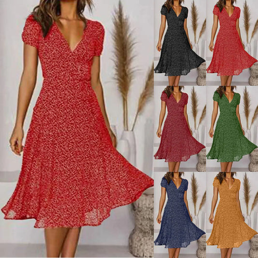 🌈👗 Reducere 50%🔥 Rochie cu mânecă scurtă, decolteu în V și model floral cu buline, mărimi mari
